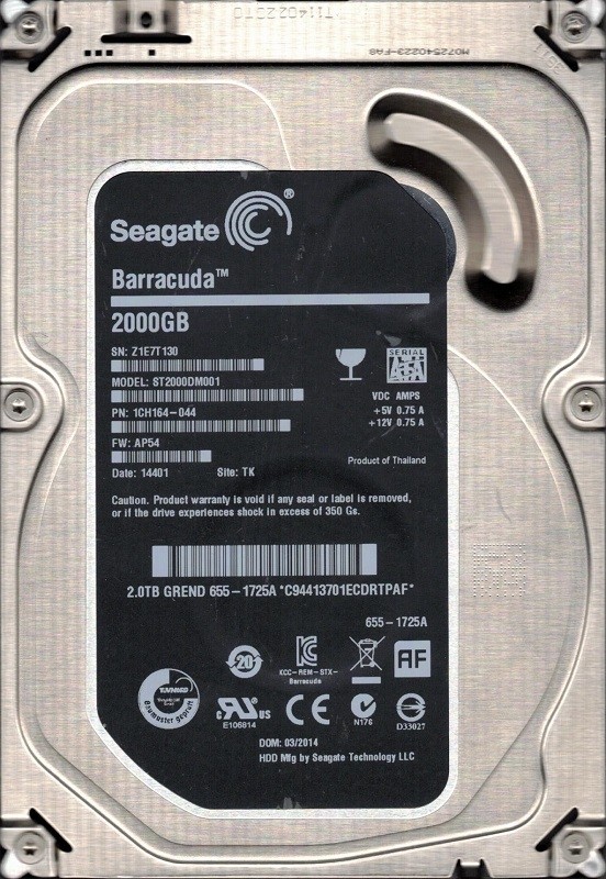 Seagate ST2000DM001 P/N: 1CH164-044 F/W: AP54 2TB TK Z1E APPLE 655-1725A