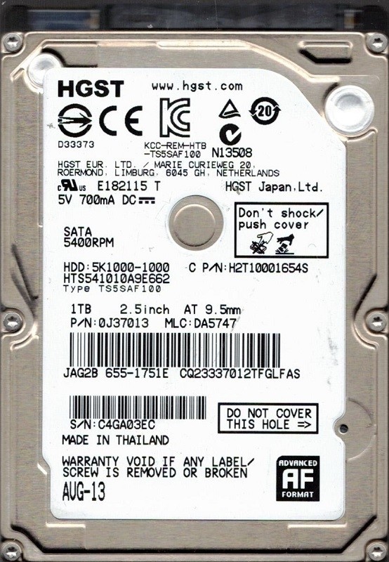 HGST HTS541010A9E662 P/N: 0J37013 MLC: DA5747 MAC 655-1751E 1TB