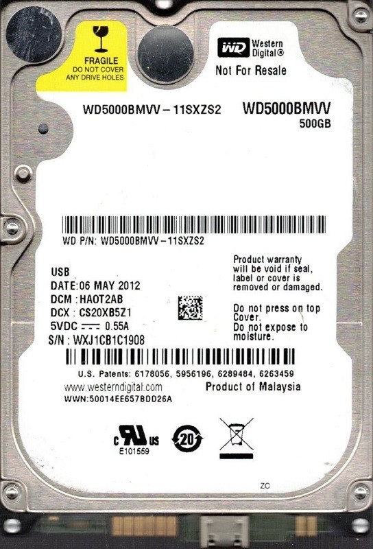 Western Digital WD5000BMVV-11SXZS2 500GB USB 2.0 DCM: HAOT2AB WXJ1C