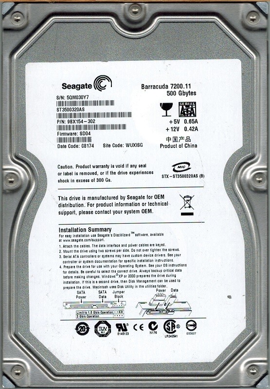 Seagate ST3500320AS 500GB P/N: 9BX154-302 F/W: SD04 WUXISG