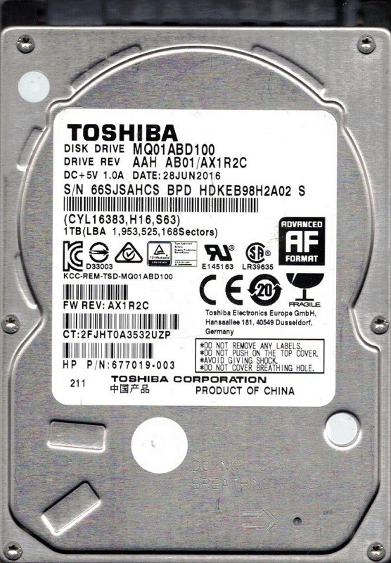 MQ01ABD100 AAH AB01/AX1R2C HDKEB98H2A02 S Toshiba 1TB China