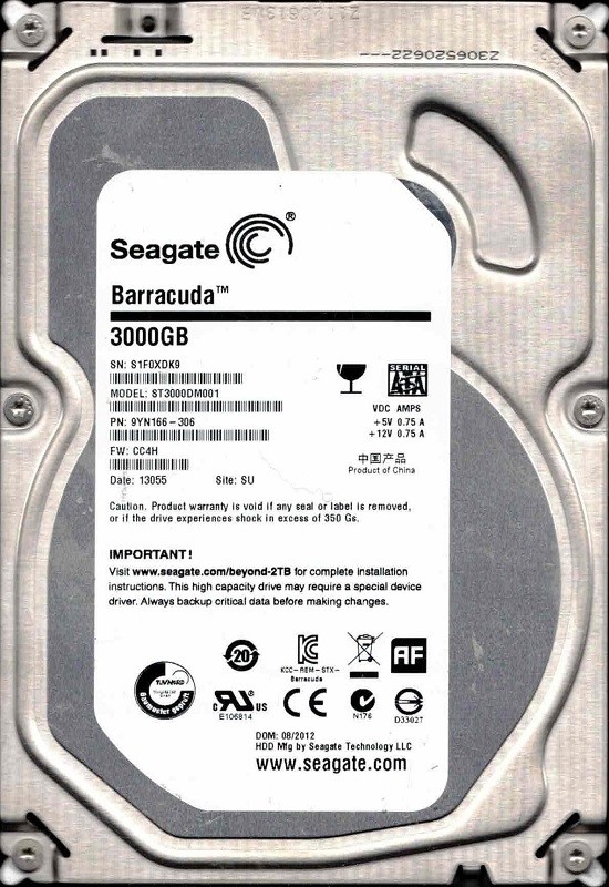 ST3000DM001 P/N: 9YN166-306 F/W: CC4H SU S1F 08/2012 Seagate 3TB