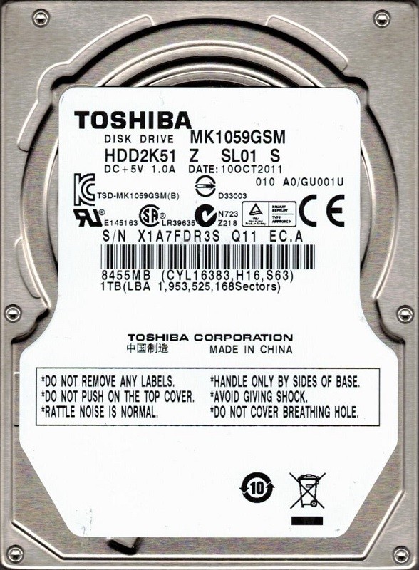 Toshiba MK1059GSM HDD2K51 Z SL01 S F/W: A0/GU001U 1TB CHINA