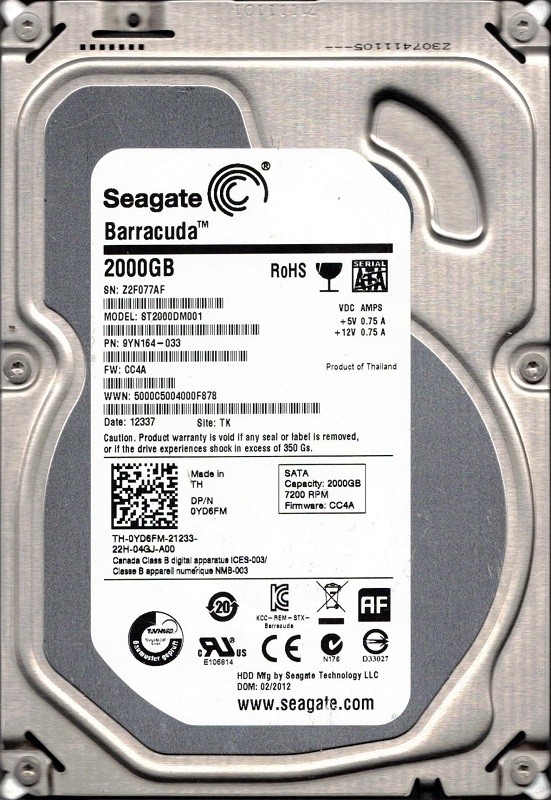 ST2000DM001 P/N: 9YN164-033 F/W: CC4A TK Z2F0 02/2012 Seagate 2TB