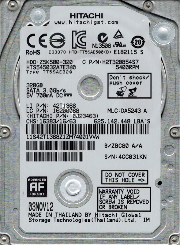 Hitachi HTS545032A7E380 MLC: DA5243 P/N: 0J23463 320GB THAILAND