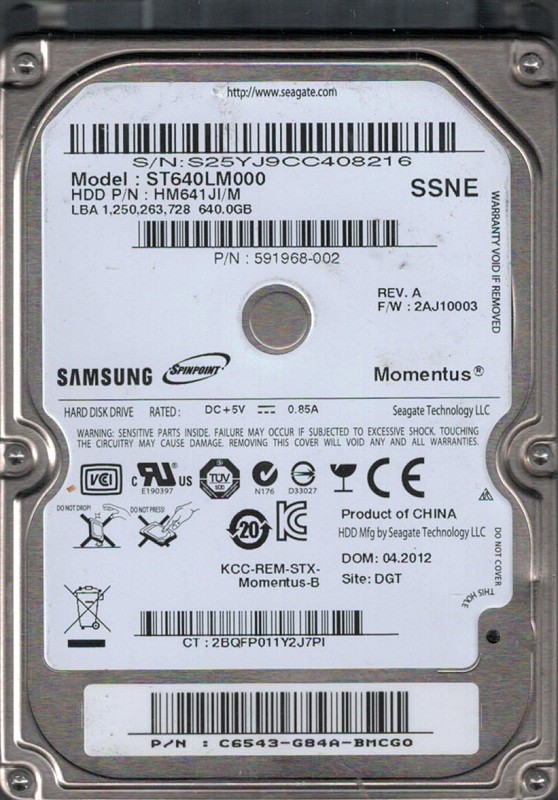 ST640LM000 HM641JI/M F/W: 2AJ10003 P/N: C6543-G84A-BMCGO Samsung 640GB
