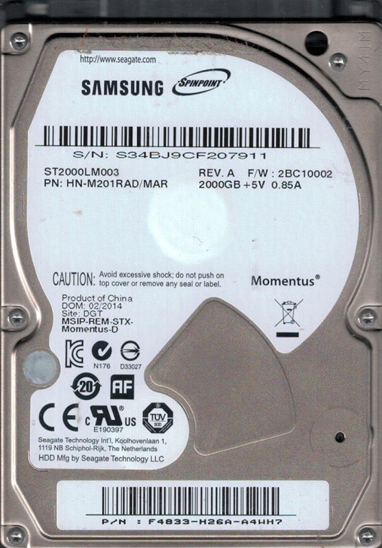 ST2000LM003 HN-M201RAD/MAR F/W: 2BC10002 Samsung 2TB