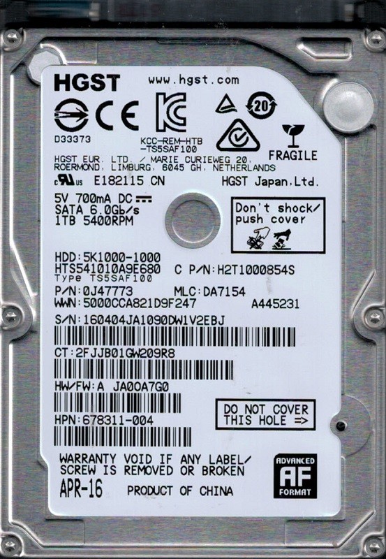 HTS541010A9E680 P/N: 0J47773 MLC: DA7154 China HGST 1TB
