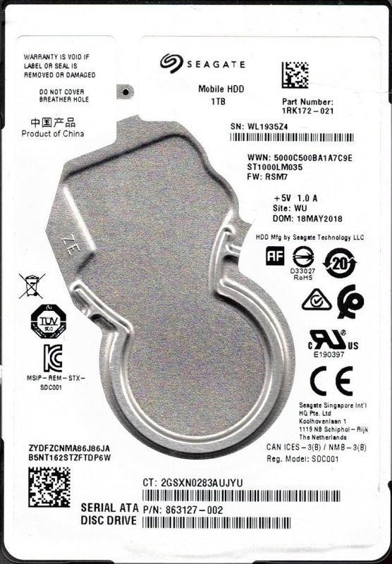 ST1000LM035 P/N: 1RK172-021 F/W: RSM7 WU WL1 Seagate Mobile HDD 1TB