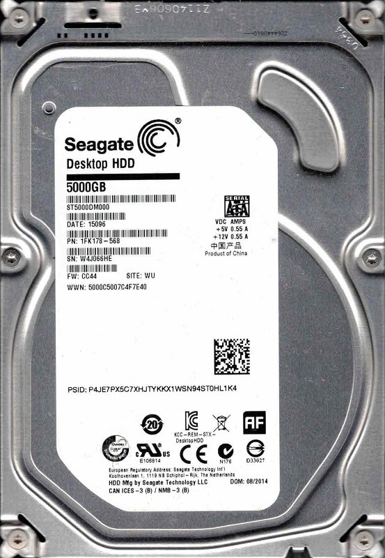 ST5000DM000 P/N: 1FK178-568 F/W: CC44 WU W4J0 AUG 2014 Seagate 5TB