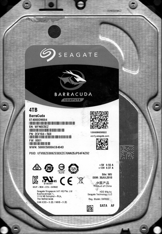 ST4000DM004 P/N: 2CV104-568 F/W: 0001 WU WFN0 JUL 2018 Seagate 4TB