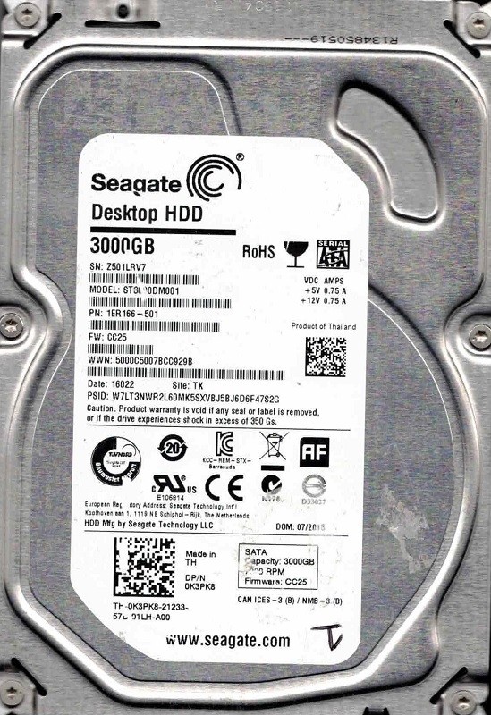 ST3000DM001 P/N: 1ER166-501 F/W: CC25 TK Z501 07/2015 Seagate 3TB