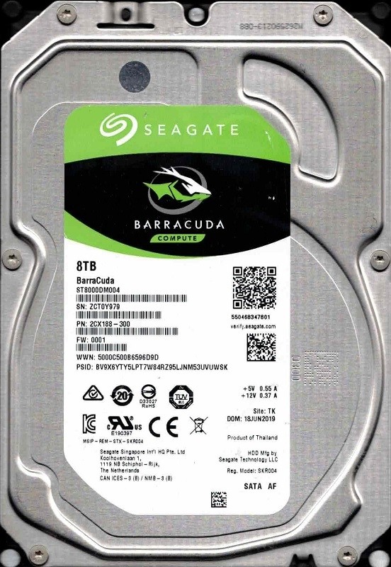 ST8000DM004 P/N: 2CX188-300 F/W: 0001 TK ZCT0 JUN 2019 Seagate Barracuda 8TB