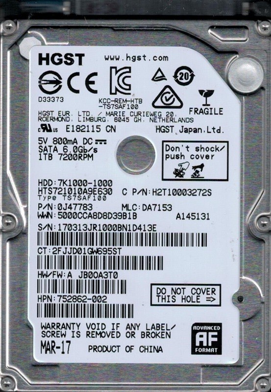 HTS721010A9E630 P/N: 0J47783 MLC: DA7153 HGST 1TB