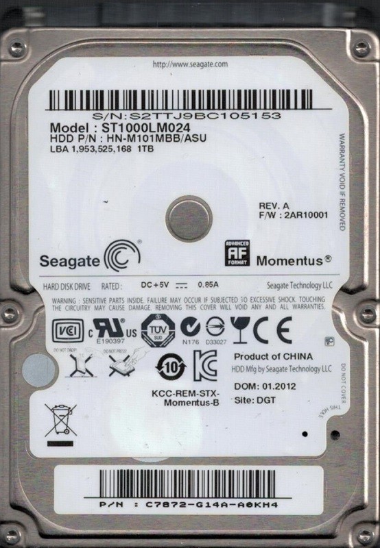 ST1000LM024 HDD P/N: HN-M101MBB/ASU F/W: 2AR10001 1TB Seagate