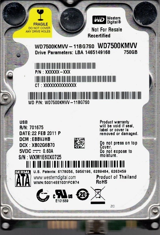 Western Digital WD7500KMVV-11BG7S0 USB 2.0 750GB DCM: EBBVJHB