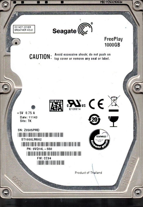 Seagate ST1000LM002 P/N: 9VQ14L-550 F/W: CC94 1TB TK Z05