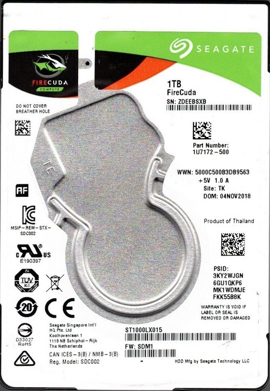 ST1000LX015 P/N: 1U7172-500 F/W: SDM1 TK ZDE Seagate FireCuda 1TB