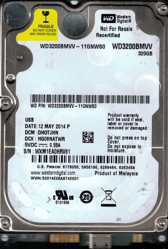 Western Digital WD3200BMVV-11GNWS0 DCM: DHOTJHN 320GB