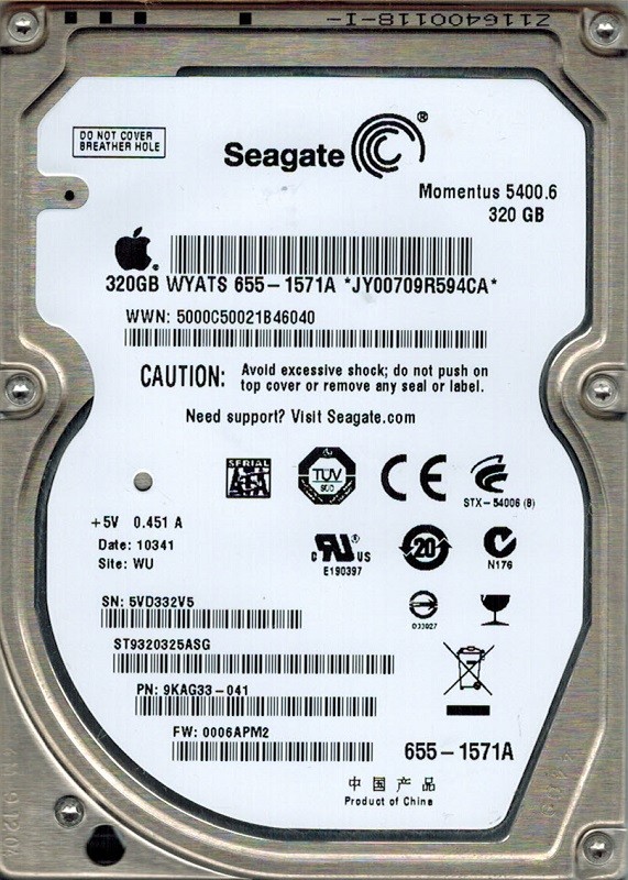 Seagate ST9320325ASG P/N: 9KAG33-041 F/W: 0006APM2 320GB WU MAC 655-1571A