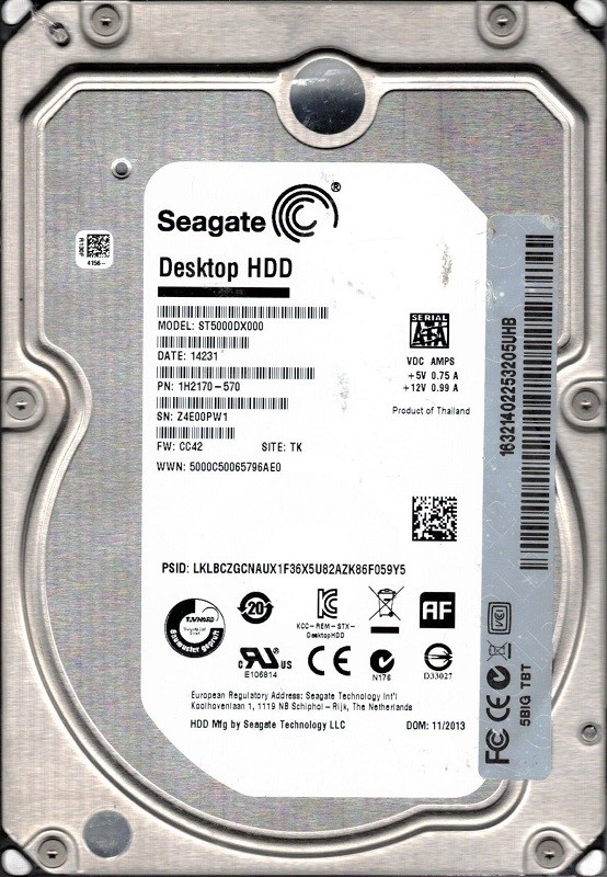 Seagate ST5000DX000 P/N: 1H2170-570 F/W: CC42 TK Z4E 5TB