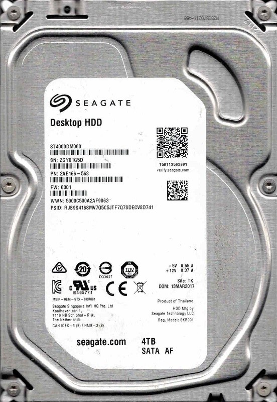 ST4000DM000 P/N: 2AE166-568 F/W: 0001 TK ZGY0 MAR 2017 Seagate 4TB
