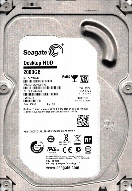 ST2000DM001 P/N: 1ER164-300 F/W: CC43 SU S4Z0 08/2014 Seagate 2TB
