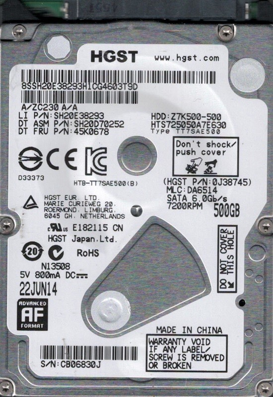 HTS725050A7E630 P/N: 0J38745 MLC: DA6514 HGST 500GB
