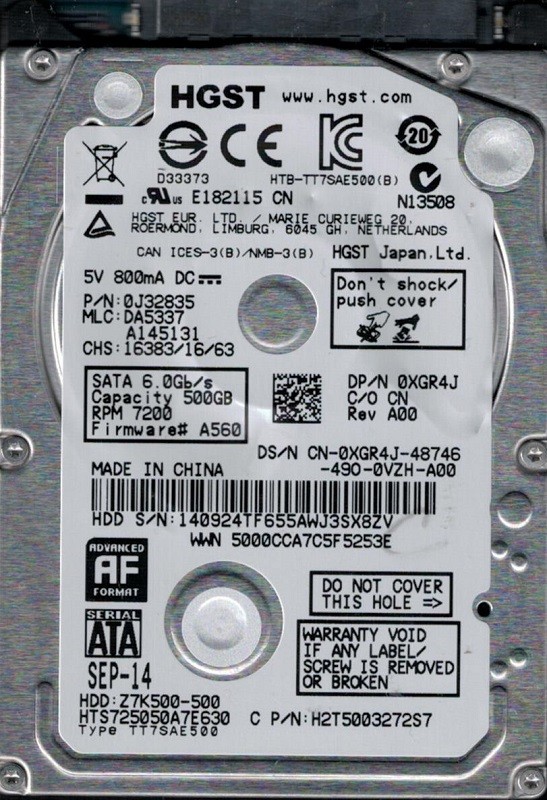  HGST HTS725050A7E630  P/N: 0J32835 MLC: DA5337 500GB China