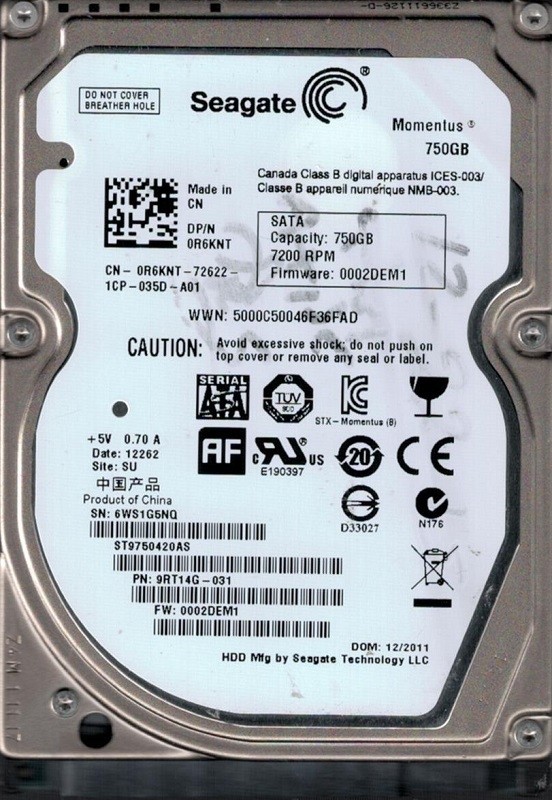 ST9750420AS P/N: 9RT14G-031 F/W: 0002DEM1 750GB SU 6WS Seagate Momentus