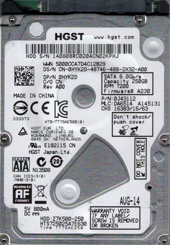 HTS725025A7E630 P/N: 0J43112 MLC: DA6514 HGST 250GB