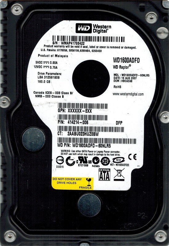 Western Digital WD1600ADFD-60NLR5 RAPTOR DCM: HBCA2AB 160GB