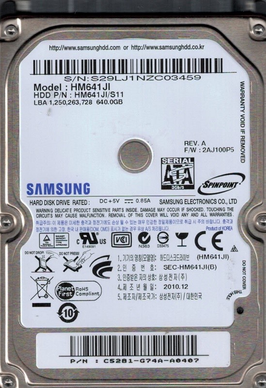 Samsung HM641JI/S11 SPINPOINT 640GB P/N: C5281-G74A-A0407