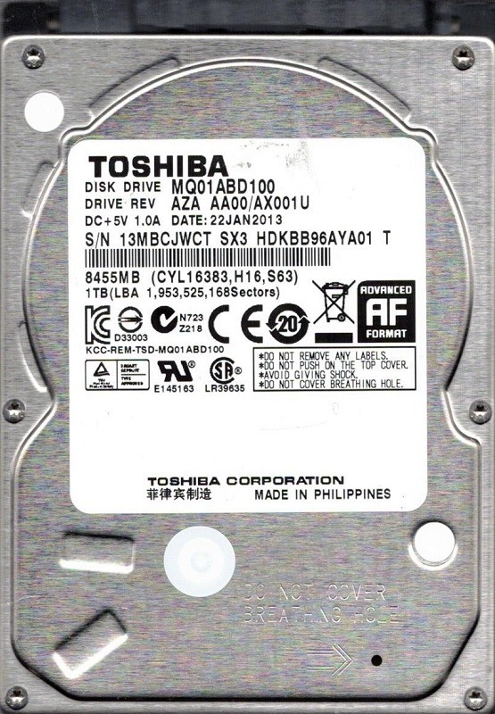 MQ01ABD100 AZA AA00/AX001U PHILIPPINES Toshiba 1TB hard drive 2.5"
