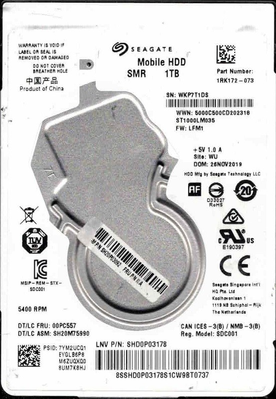 ST1000LM035 P/N: 1RK172-073 F/W: LFM1 WU WKP7 NOV 2019 Seagate 1TB