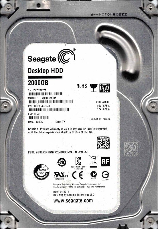 ST2000DM001 F/W: CC45 P/N: 1ER164-570 TK Z4Z0 06/2014 Seagate 2TB