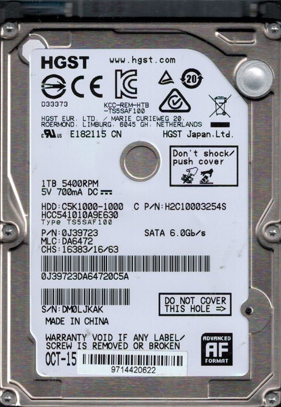 HCC541010A9E630 P/N: 0J39723 MLC: DA6472 China HGST 1TB Laptop Hard Drive
