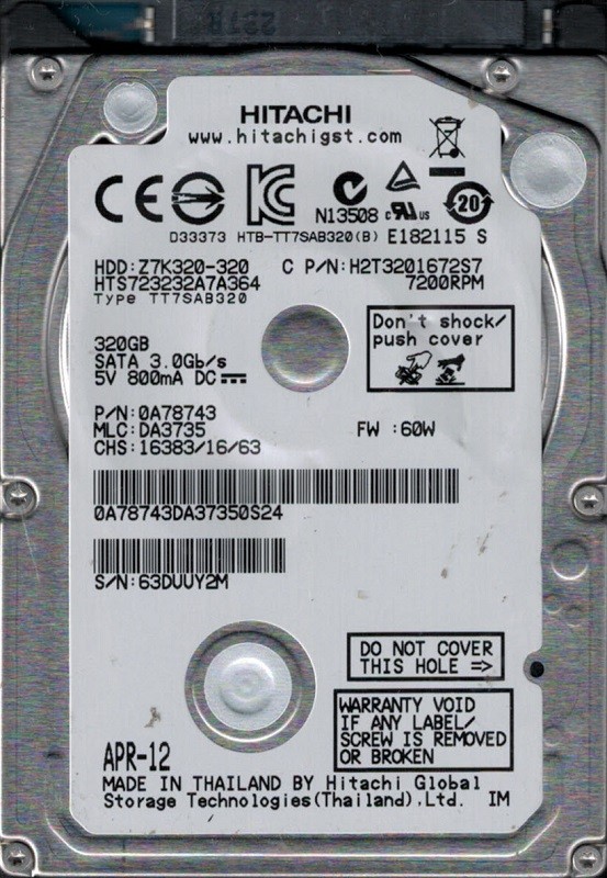 Hitachi HTS723232A7A364 MLC: DA3735 P/N: 0A78743 Thailand 320GB