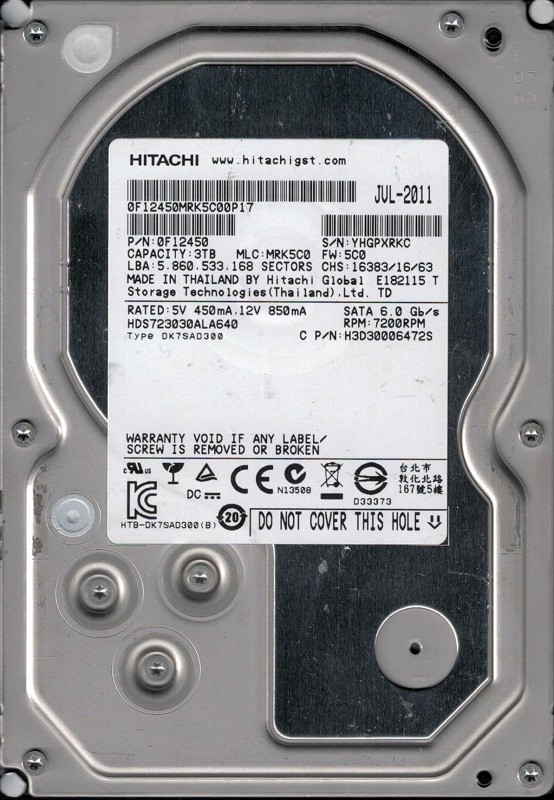 Hitachi HDS723030ALA640 MLC: MRK5C0 P/N: 0F12450 Thailand 3TB