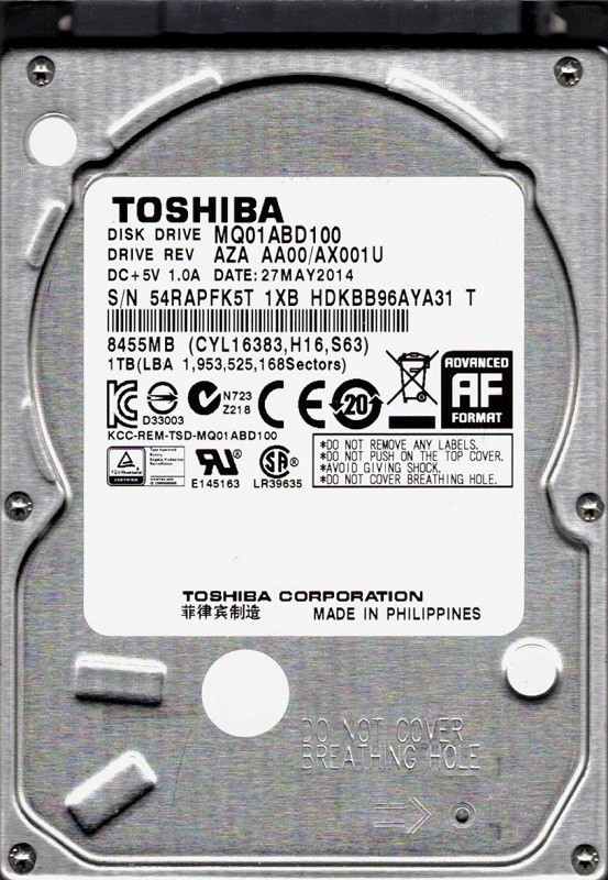 Toshiba MQ01ABD100 AZA AA00/AX001U 1TB Laptop Hard Drive