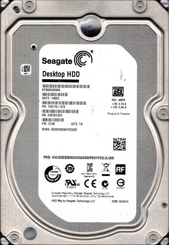 ST5000DX000 P/N: 1H2170-570 F/W: CC46 TK Z4E Seagate 5TB