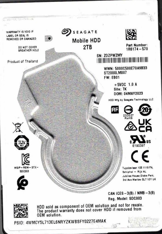 ST2000LM007 P/N: 1R8174-570 F/W: EB01 TK ZDZP MAY 2023 Seagate 2TB