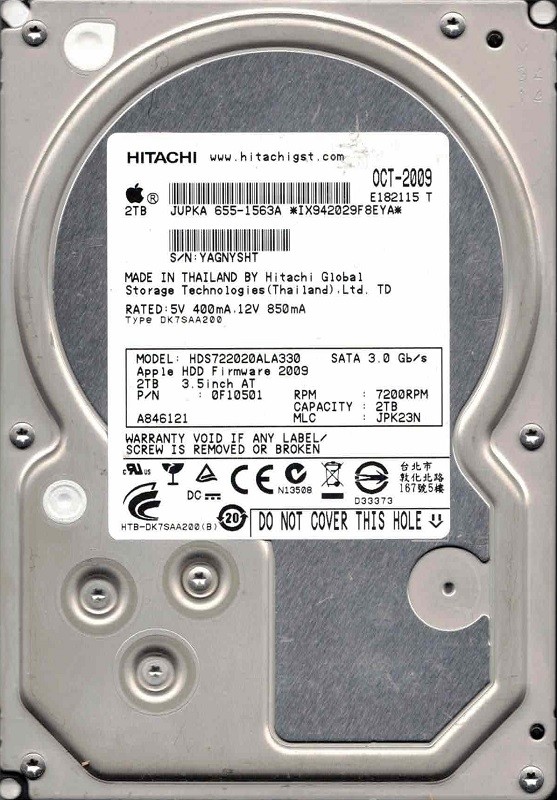 HDS722020ALA330 P/N: 0F10501 MLC: JPK23N MAC: 655-1563A Hitachi 2TB