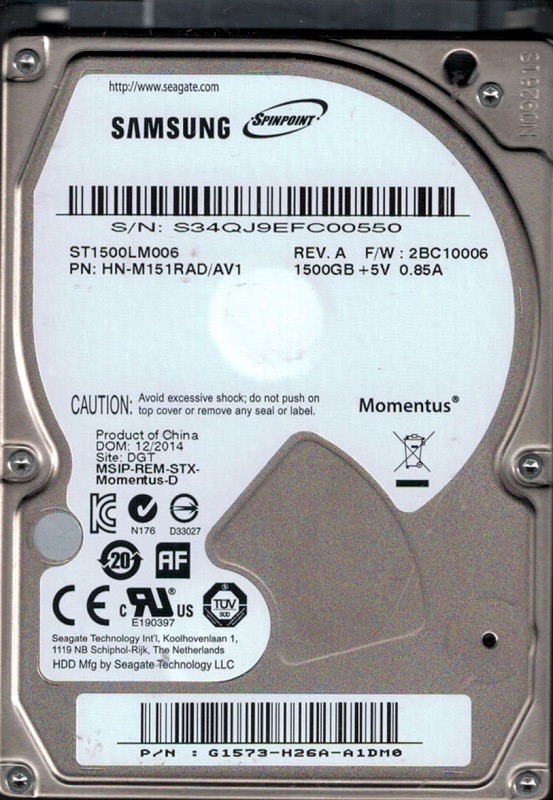 Samsung ST1500LM006 P/N: HN-M151RAD/AV1 F/W: 2BC10006 1.5TB