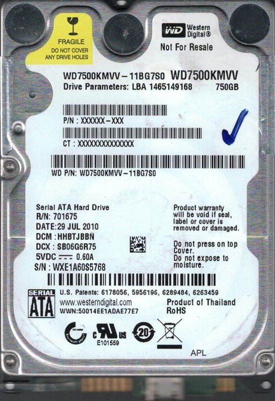 WD7500KMVV-11BG7S0 DCM: HHBTJBBN WXE1A Western Digital 750GB