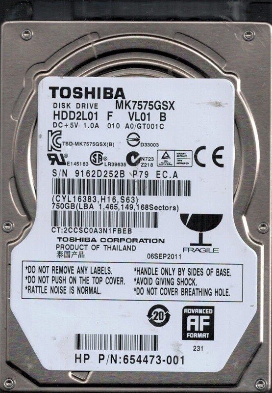 MK7575GSX HDD2L01 F VL01 B F/W: A0/GT001C Thailand Toshiba 750GB