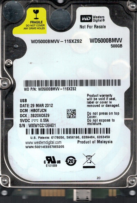 Western Digital WD5000BMVV-11SXZS2 500GB USB 2.0 DCM: HBOTJCN