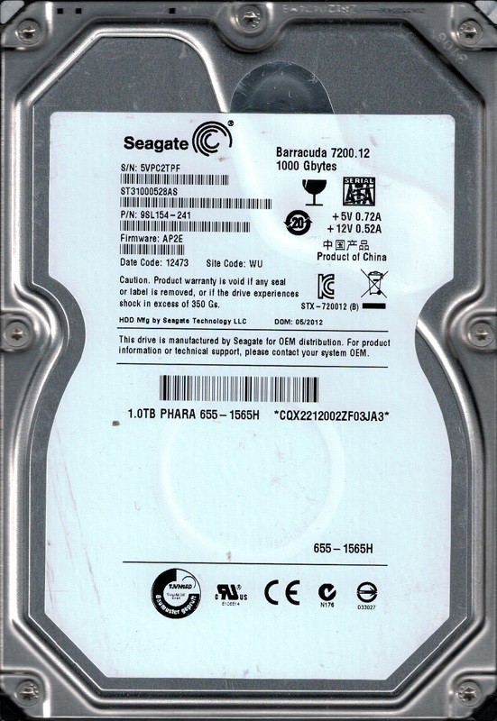 Seagate ST31000528AS P/N: 9SL154-241 F/W: AP2E 1TB WU 5VP MAC 655-1565H