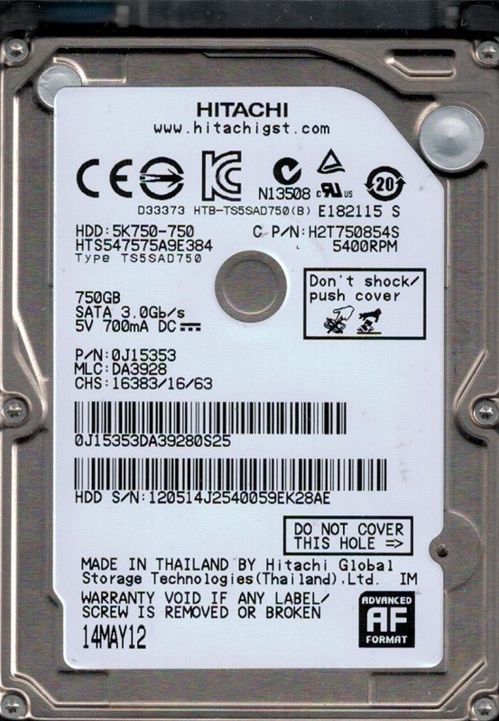 HTS547575A9E384 MLC: DA3928 P/N: 0J15353 Thailand Hitachi 750GB