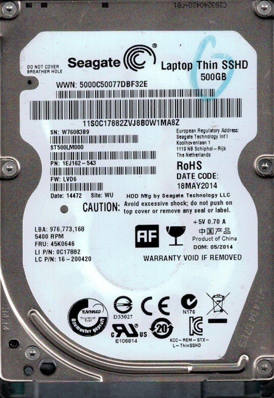 Seagate ST500LM000 SSD Hybrid P/N: 1EJ162-543 F/W: LVD6 WU W76